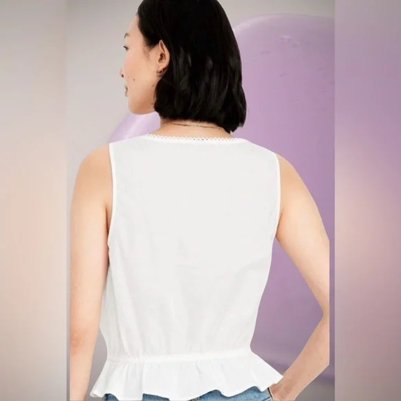 NWTS💓LINEN & LACE LADIES SIZE XL💓GAP OLDNAVY💓CRISP WHITE LACE BUTTON PEPLUM TOP - Picture 3 of 12